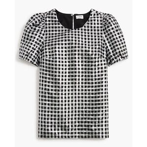 J.Crew Sz M Gingham Metallic Puff Sleeve‎ Blouse Top Lined Round Neck Pullover